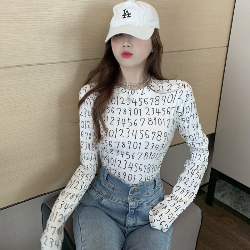 2022 autumn and winter digital printing long-sleeved slim fit T-shirt Korean version fashion Western-style top bottoming shirt women