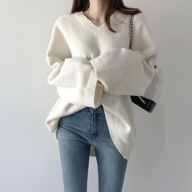 Van Chy White V-neck sweater women loose outer wear pullover lazy wind autumn Korean version 2021 new foreign pie Wild