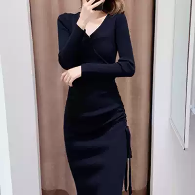 Fenchy knitted dress spring new goddess fan drawstring design sense bottom sweater skirt knee slim long skirt