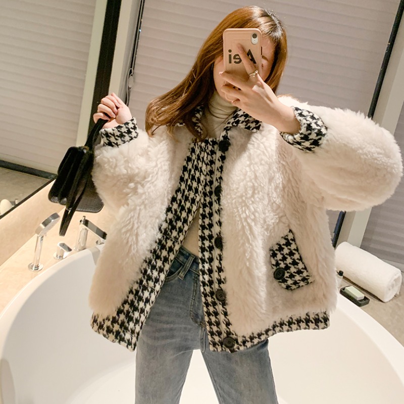 2021 autumn and winter lamb coat female Korean version loose short fur one-piece houndstooth fur sheep shearing coat