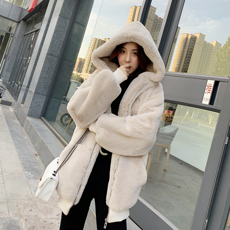 Rabbit fur coat women's mid-length winter thickened Korean version loose young style Western style hooded plush coat cotton clothes