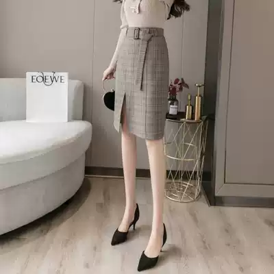 Fenchy belt plaid skirt women 2021 spring new retro thin bag hip high waist split skirt long version