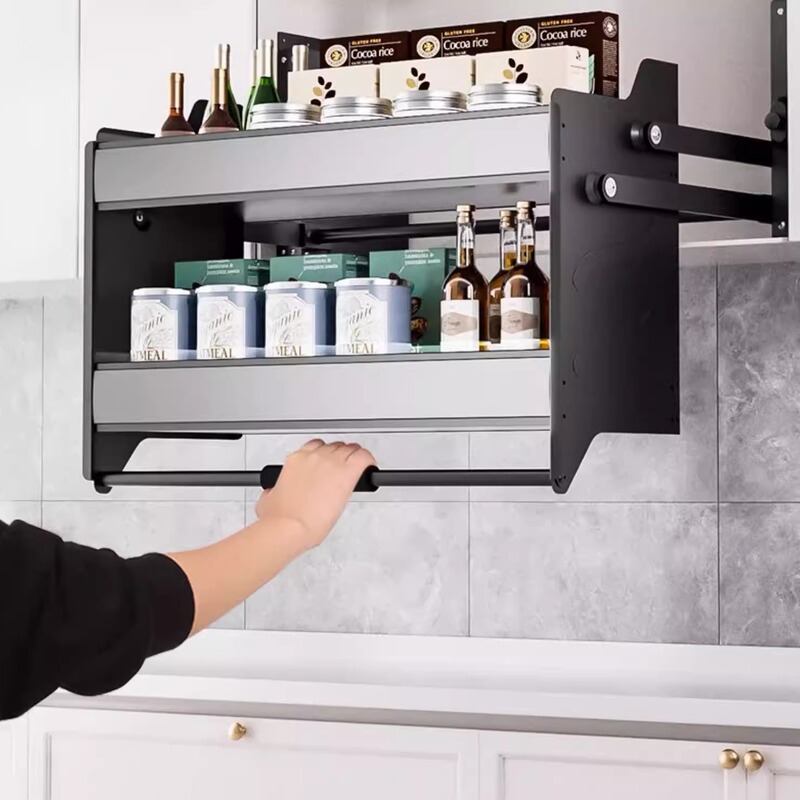 Kasibromar Wall-Mounted Cabinet with Adjustable Height, Telescopic Pull-Out Basket, Kitchen 360-Degree Deep Seasoning Storage High Cabinet