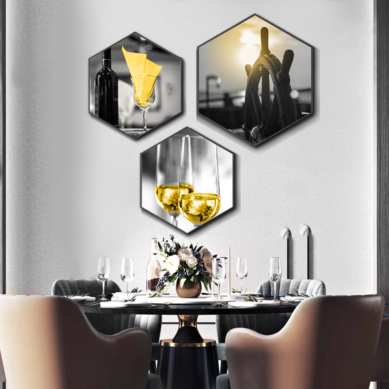 Nordic Dining Hall Wall Decoration Painting Dining Hall Background Wall Hanging Painting Modern Minimalist Creative Light Lavish Hexagon Mural Painting