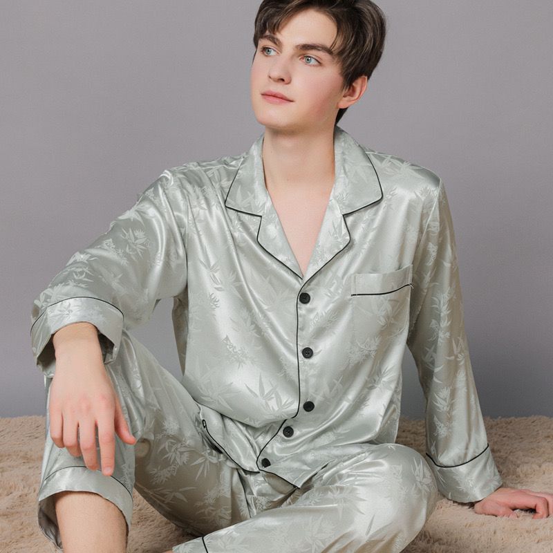 High-End Men's Pajamas Two-Piece Set, Long-Sleeved and Long Pants, Loose Fit, Large Size, Spring and Autumn, Short-Sleeved Silk Loungewear, Thin