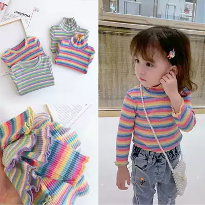 Girls ' T-shirt 2021 new spring baby long-sleeved t-shirt children's striped round neck high neck bottoming shirt 5989
