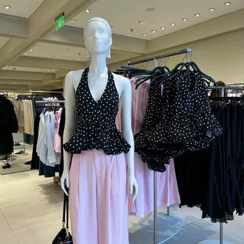 French-Style Polka Dot Halter Neck Tie-Up Camisole for Women, 2026 Summer New Design, Backless Base Shirt Top