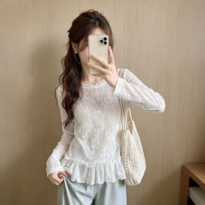 2026 New Early Autumn Lace Embroidered Round Neck Beige Base Shirt Top Thin Ruffled Long-Sleeve Shirt Trendy