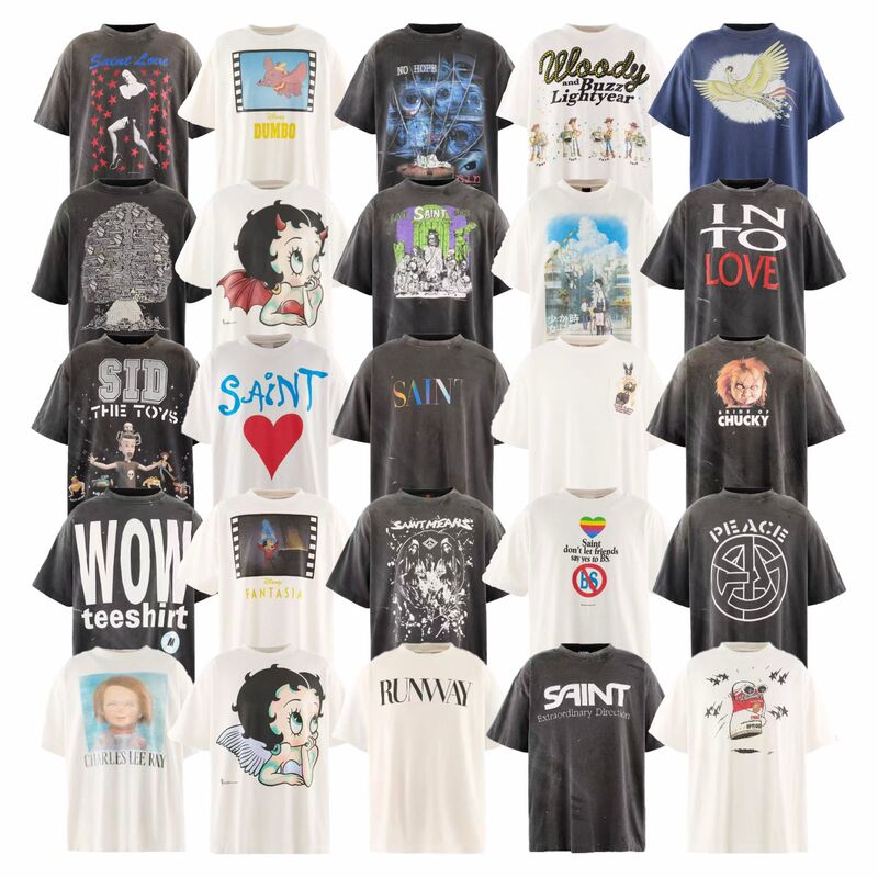 Saint Michael 26Ss American High Street Washed and Distressed Vintage Loose Short-Sleeved T-Shirt for Men and Women Trendy Brand Saint Michael 26Ss American High Street Washed and Distressed Vintage Loose Short-Sleeved T-Shirt for Men and Women Trendy Brand