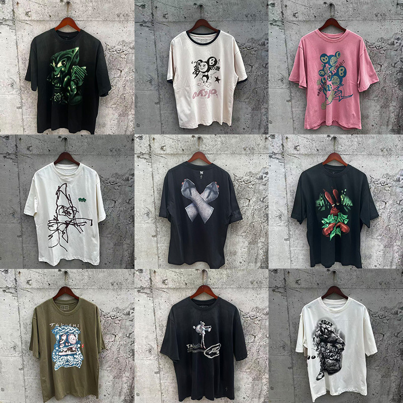 Travis Scott American High Street Anime Letter Print Washed Vintage Loose Short-Sleeve T-Shirt for Men and Women Trendy