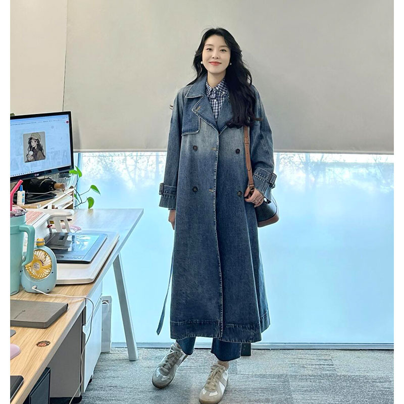 Long Denim Trench Coat for Tall Women, Popular Style, 2026 Spring and Autumn New Model, High-End Japanese and British Style, Casual Long Denim Trench Coat for Tall Women, Popular Style, 2026 Spring and Autumn New Model, High-End Japanese and British Style, Casual