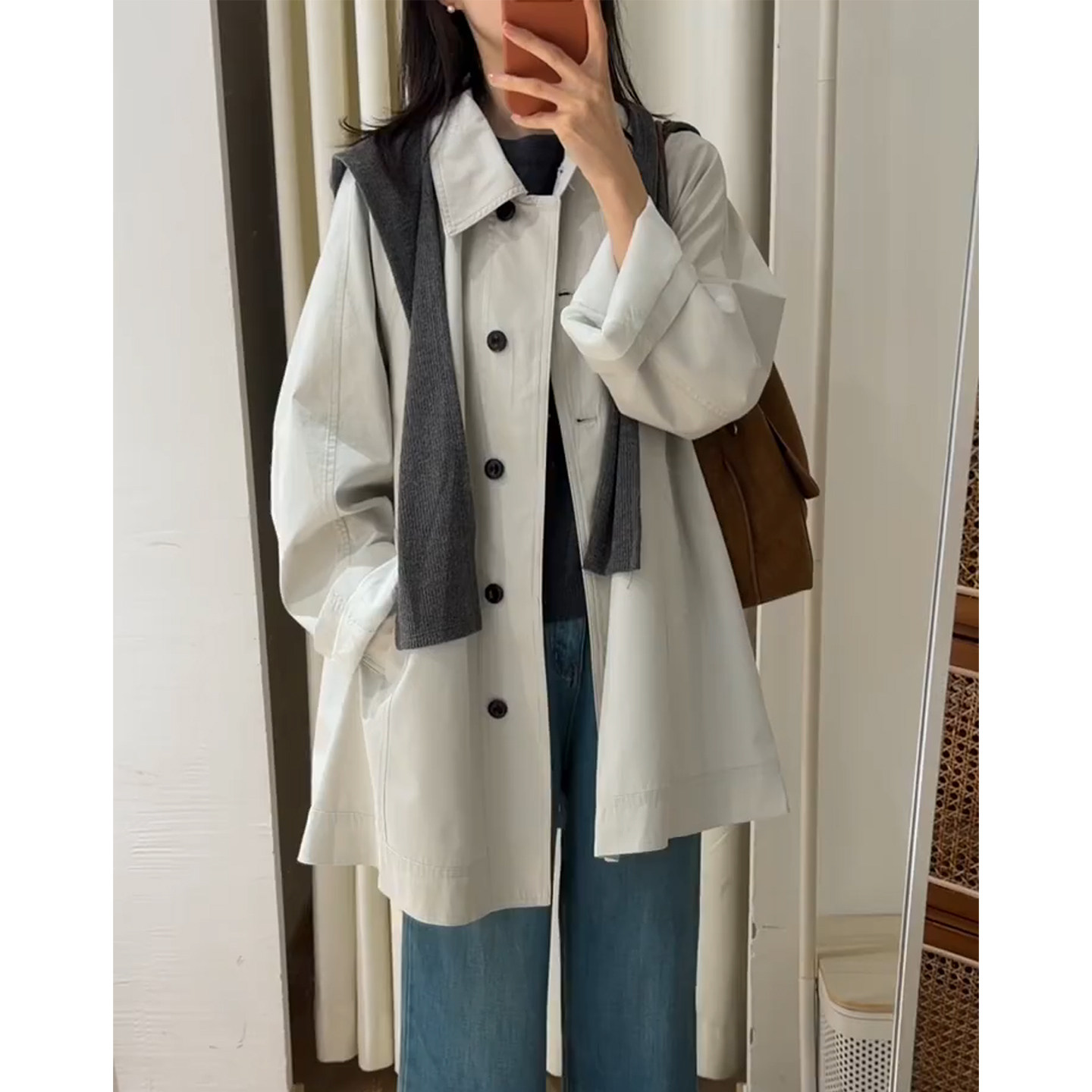 韓国風ラペルショールミドル丈トレンチコート（女性用）、2026年初春新作、小柄で洗練されたデザイン、売れ筋コート。
