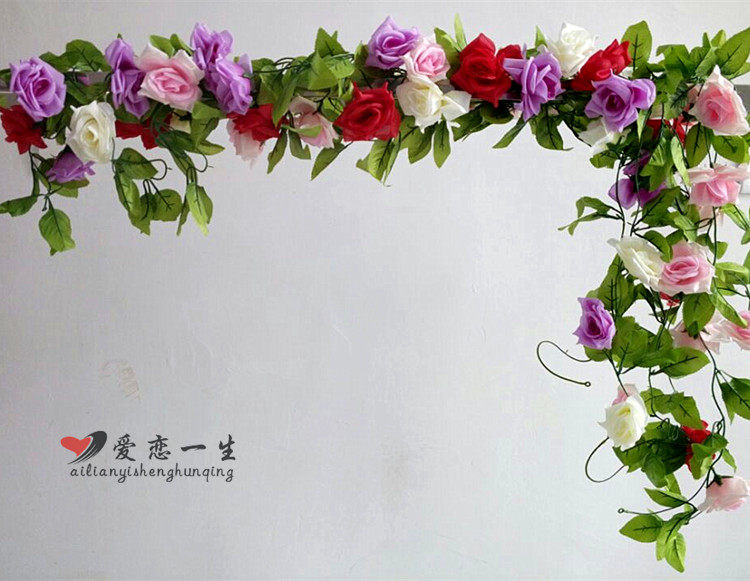Simulation rose rattan wall hanging fake flower rattan air conditioning pipe indoor living room ceiling wedding decoration plastic vines