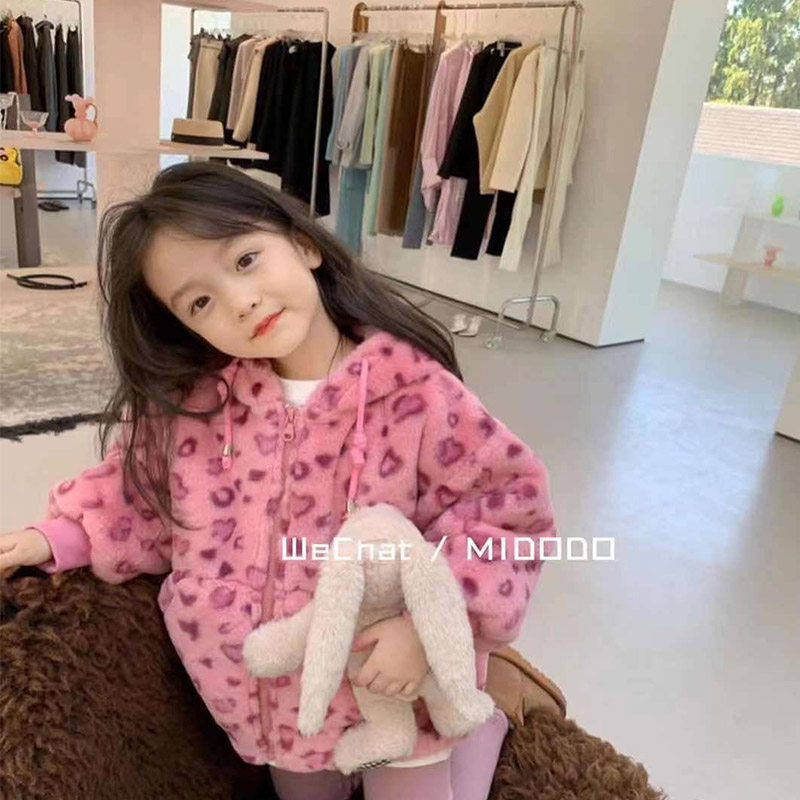 Korean children's clothing girls pink BAO WEN fleece jacket 2021 autumn and winter baby foreign style warm hooded fleece top trend - Taobao