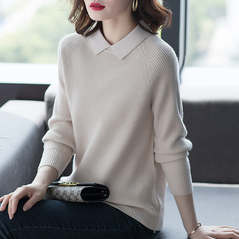 Doll collar Long sleeves Knitted Cardiovert 2022 Pops Autumn Winter Blouse Easy Beating Undershirt Woman Shirt Small Turnover Fur Coat Tide