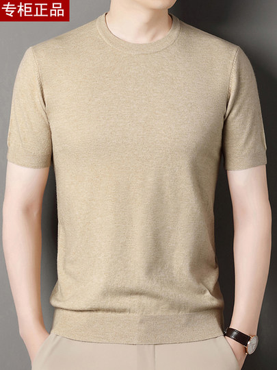鄂尔多斯市羊毛衫男圆领短袖针织衫秋新款中青年纯色半袖T恤毛衣