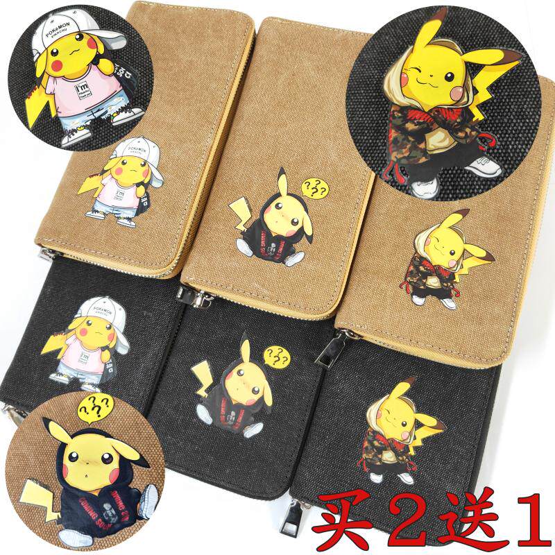 ins tide map Pikachu pet elf long version canvas wallet anime cartoon student card bag large capacity