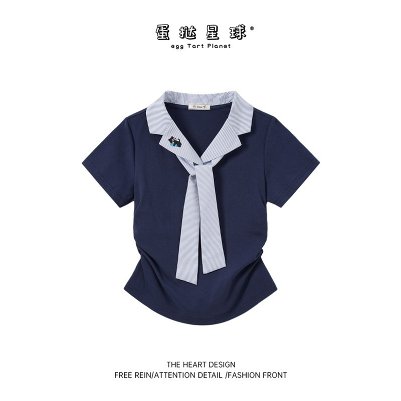 Navy Blue Polo Shirt for Women, Short-Sleeved T-Shirt, Summer 2026 New Design, Tie-Up, Slim Fit, Short Top Navy Blue Polo Shirt for Women, Short-Sleeved T-Shirt, Summer 2026 New Design, Tie-Up, Slim Fit, Short Top
