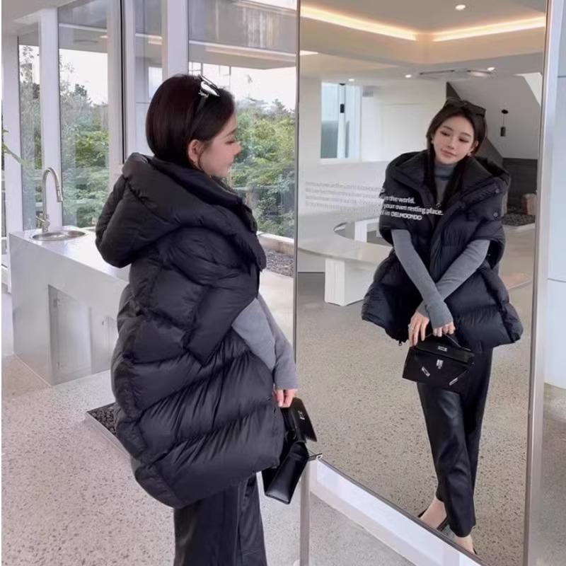 Black Hooded down Vest for Women, Outerwear, 2025 Autumn and Winter New Style, White Duck down Vest, Thickened Jacket