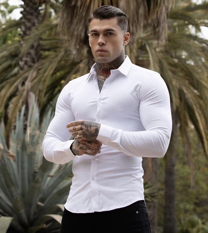 Autumn New Muscle Fitness Men's Long-Sleeved Black and White Shirt Sports Slim Fit Formal Wear No-Iron Large Size Work Shirt