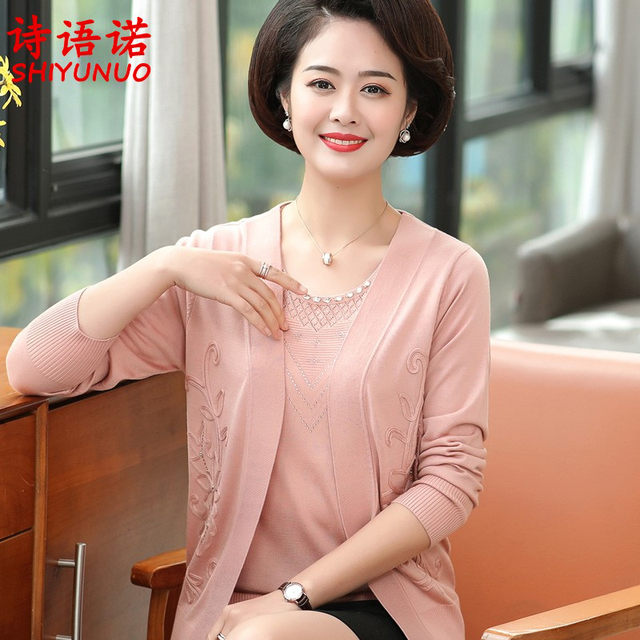 Spring new middle-aged and elderly women's knitwear short-sleeved T-shirt real two-piece suit fat mother long-sleeved cardigan jacket