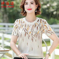 Одежда для дам 中年女圆领冰丝短袖夏装t恤妈妈装针织小衫薄中老年宽松大尺码上衣 Poetic language
