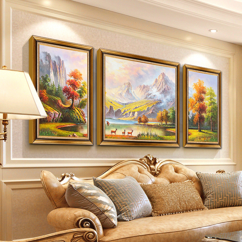 Living room decorative painting European-style sofa background wall painting triptych landscape landscape mural pure hand-painted oil painting American style