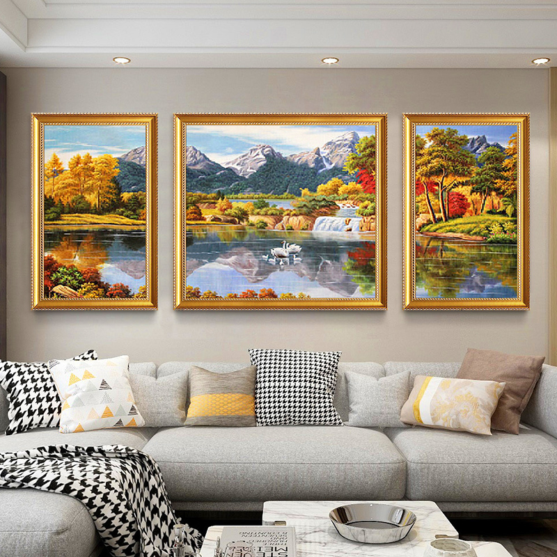 Hand-painted oil painting European living room hanging painting sofa background wall decorative painting triple landscape painting cornucopia customization