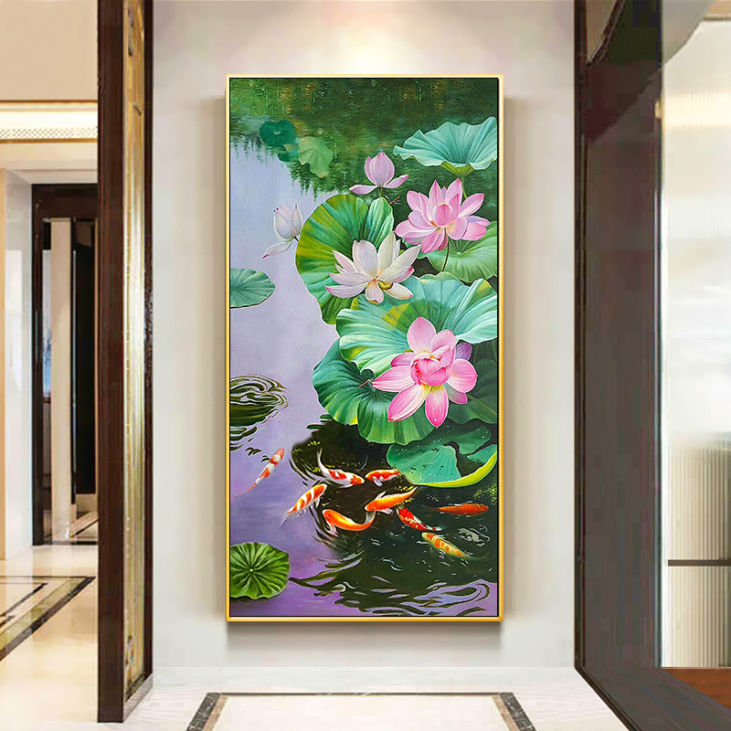 New Chinese hand painted oil painting Hyun Guan Decoration Painting Vertical Version Corridor Aisle Nine Fishmonthu Feng Feng Shui Ho Hang Paintings