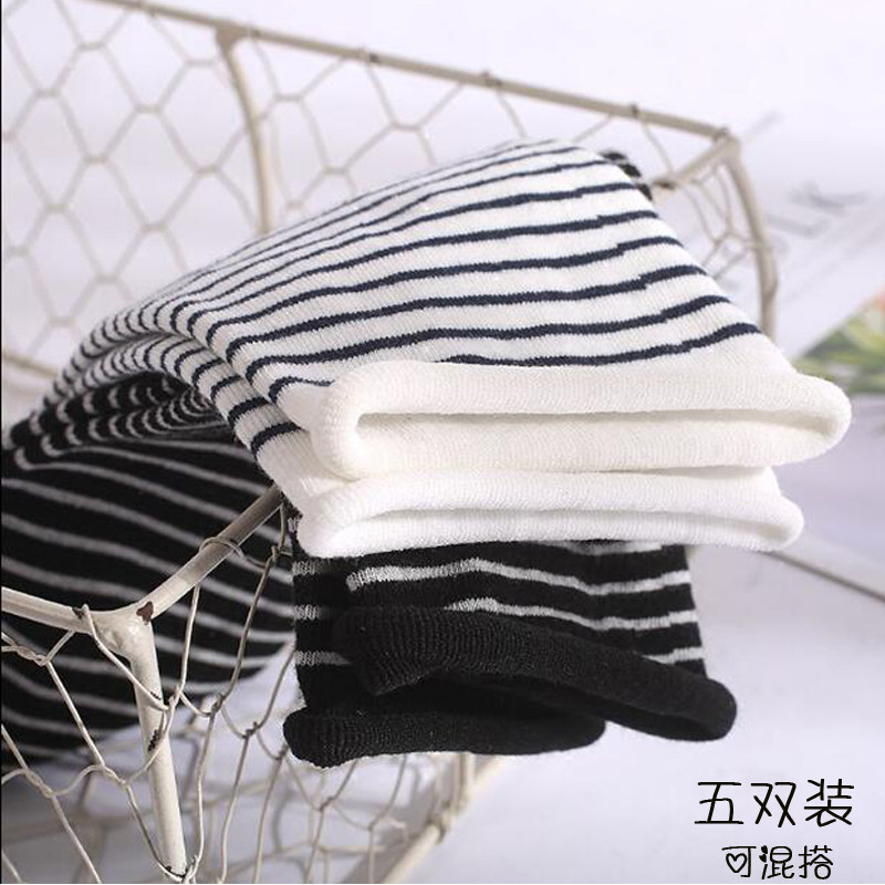 Striped socks women's tube socks summer thin Korean version of college style black and white stockings Women's rolled edge pure cotton stockings tide