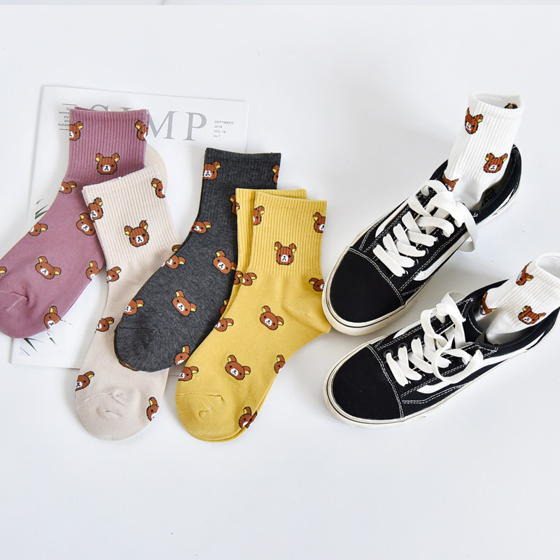 Socks women's tube socks Autumn and winter pure cotton Korean edition college style ins tide Cute Japanese wild cartoon bear long waist