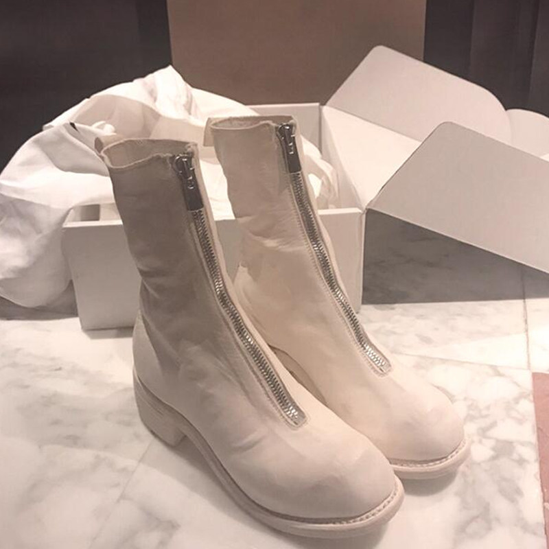 Dilly Midi Martin Boots Women's New Fall/Winter 2021 Front Zip Off-White Block Heel Boots Skinny Boots