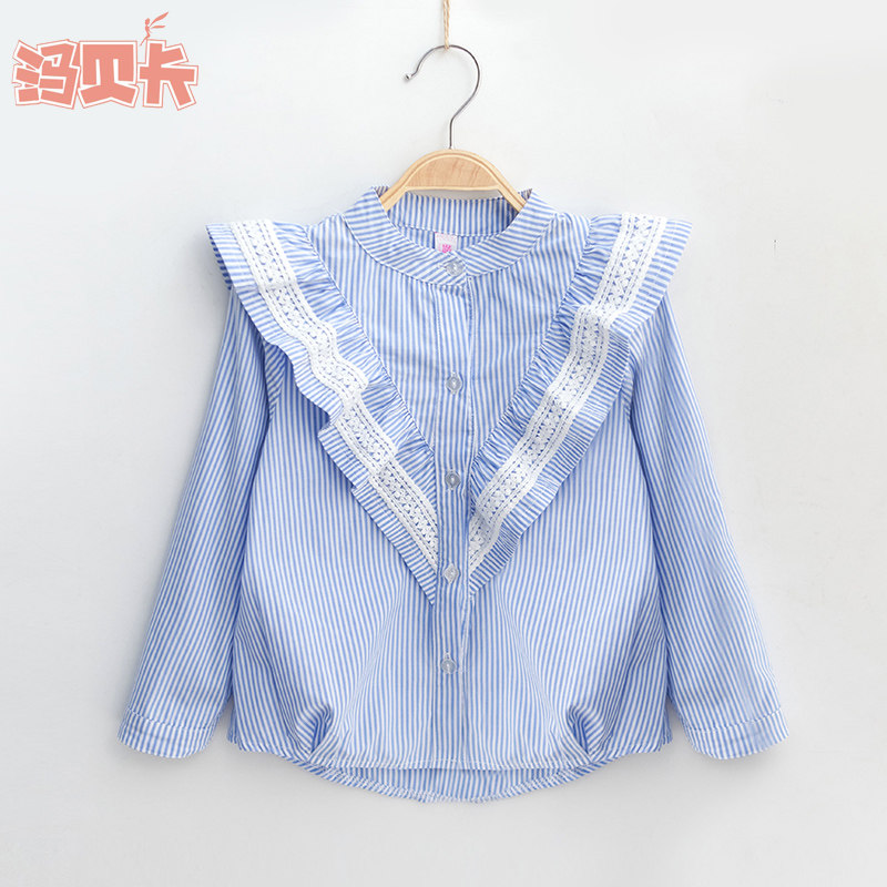 Cotton girls' shirts spring and autumn clothes new middle-aged children's long-sleeved striped horn-sleeved girls' shirts dolls
