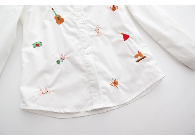 Áo sơ mi cotton bé gái mùa xuân và mùa thu tay dài Big Boy Hàn Quốc Áo trắng thêu áo sơ mi nữ đáy