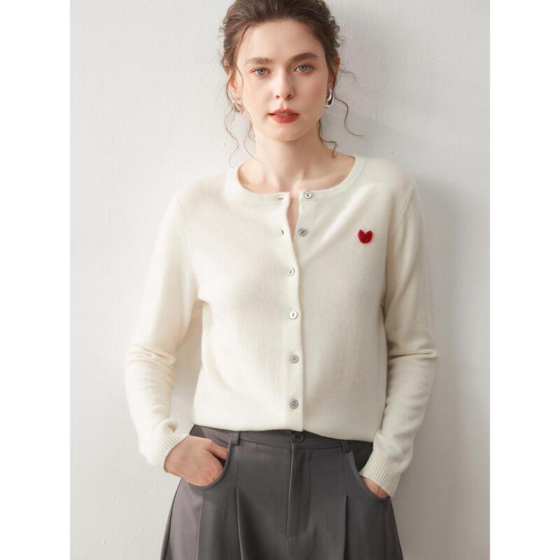 2025 Autumn/Winter Round Neck Cashmere Cardigan for Women, Short Style with Heart Embroidery, Knitted Sweater Jacket, Solid Color Outerwear