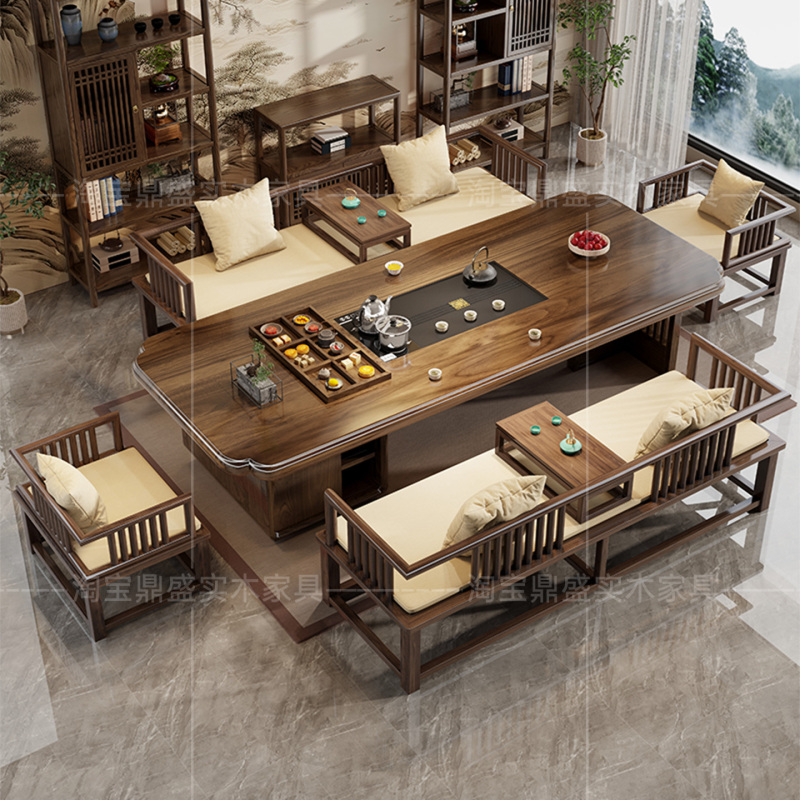 New Chinese-Style Walnut Wood Grain Large Tea Table and Chair Set for Home Use, Transforming Living Room into a Lounge Area, Solid Wood Tea Table