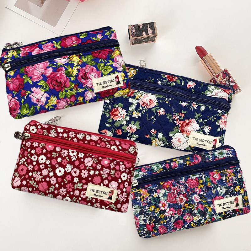 Fresh Floral Cotton Coin Purse, Portable Cosmetic Bag, Mini Storage Pouch, Earphone Bag, Clutch Bag for Women