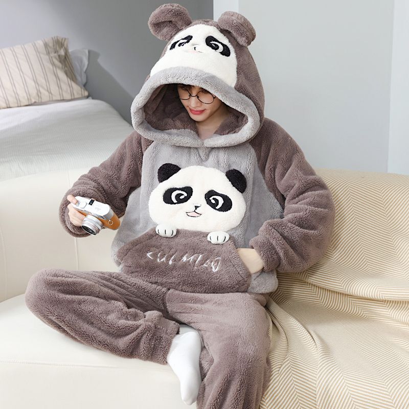 Men's Pajamas Autumn and Winter Coral Velvet Fleece-Lined Thickeneded Flannel Cartoon Plush Plus Size Home Wear Set