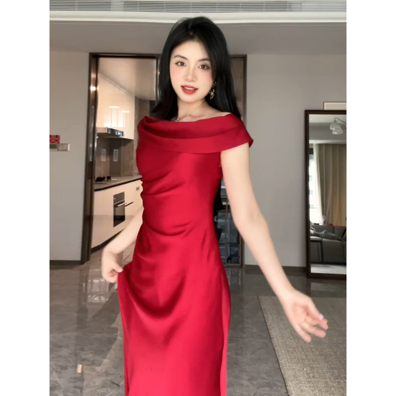 Morning Gown for Bride, Toast Dress, 2026 New Style, Burgundy, Elegant French Style, High-End Satin Wedding and Engagement Dress Morning Gown for Bride, Toast Dress, 2026 New Style, Burgundy, Elegant French Style, High-End Satin Wedding and Engagement Dress
