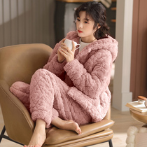 2021 new pajamas womens winter three layers of thick cotton cotton winter coral velvet flannel home suit