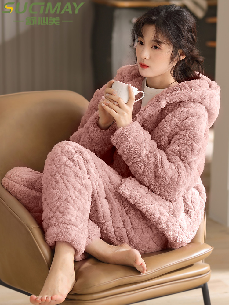 2020 new pajamas women's winter three-layer thickened padded winter coral velvet flannel homewear suit