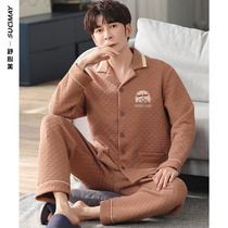 Pajamas men autumn and winter cotton sandwich thin cotton set loose fat plus size warm spring and autumn home clothes