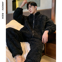 Cotton pajamas mens winter padded velvet triple layer coral velvet cotton super thick home clothing autumn and winter cotton jacket set