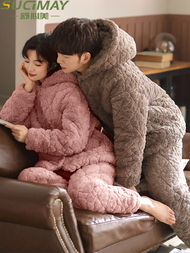 Three layers of coral velvet padded couple pajamas men's winter thickened girls 2020 new home clothes autumn and winter models