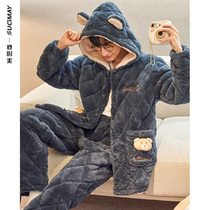 Pajamas men winter thickened three layers of cotton super thick velvet coral velvet flannel cartoon hooded home wear winter