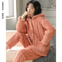 Warm pajamas ladies autumn and winter plus velvet thickened three-layer cotton coral fleece home clothing flannel two-piece set