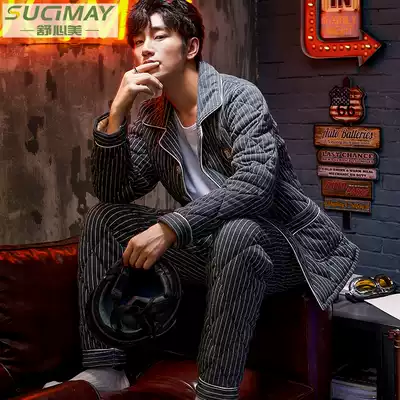 Three-layer cotton cotton pajamas men's winter thickened plus velvet home clothing coral fleece cotton men's autumn and winter warm