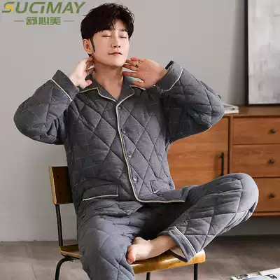 Three-layer padded cotton pajamas men's winter thickened plus velvet home clothes Coral velvet cotton men's autumn and winter warmth