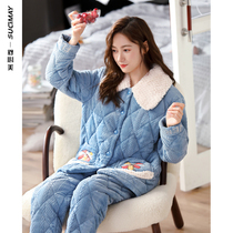 Pajamas winter women thick coral velvet plus velvet triple layer jacquard cotton flower sweet flannel home suit set