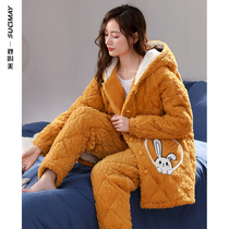 Pajamas women winter 2021 new coral fleece cotton cotton three-layer cartoon home clothing autumn padded super hooded set